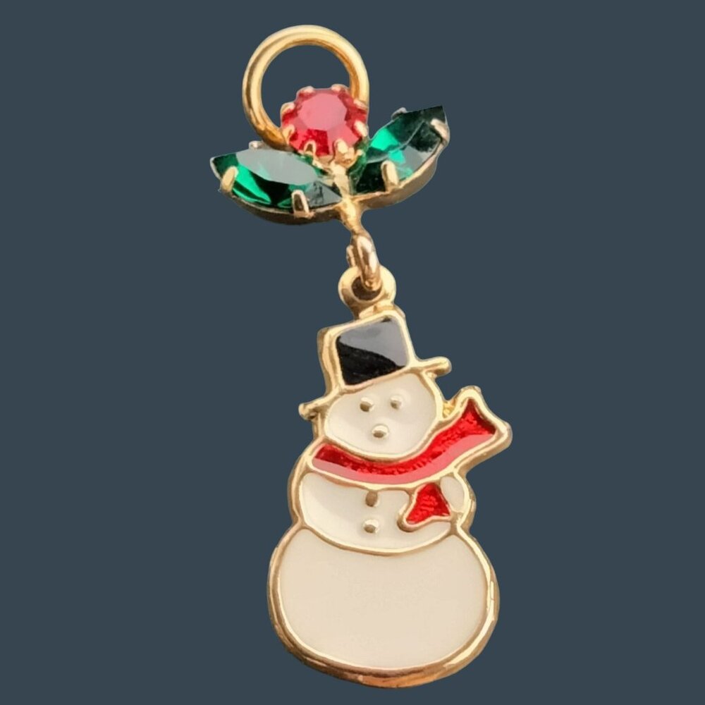 Snowman Pinback Pin Brooch Rhinestone Holly Vintage Christmas Holiday Jewelry